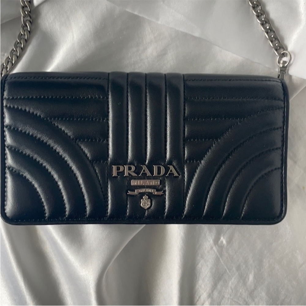 Prada Diagrammed Quilted Leather wristlet with Chain